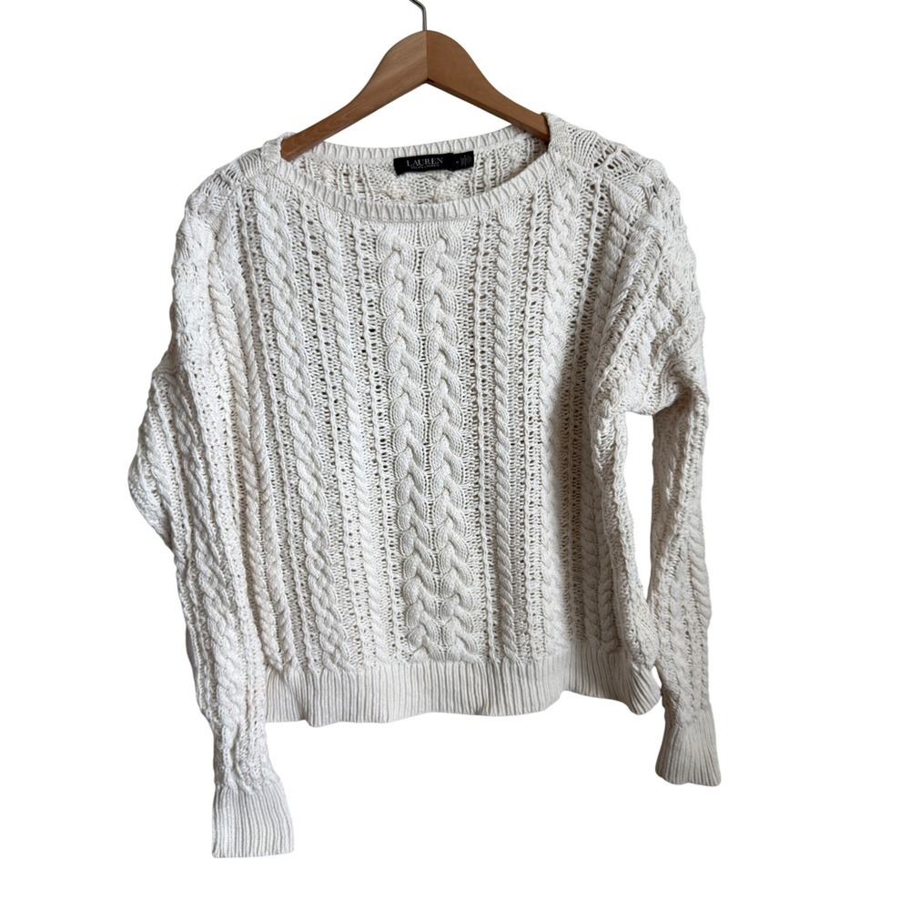 Lauren Ralph Lauren Open Knit Cable Boat Neck Sweater White Cotton Blend Size M